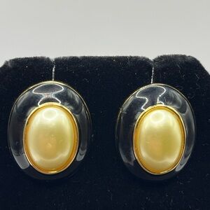 Kenneth Jay Lane Black Resin Earrings with Gold Pearl Centers